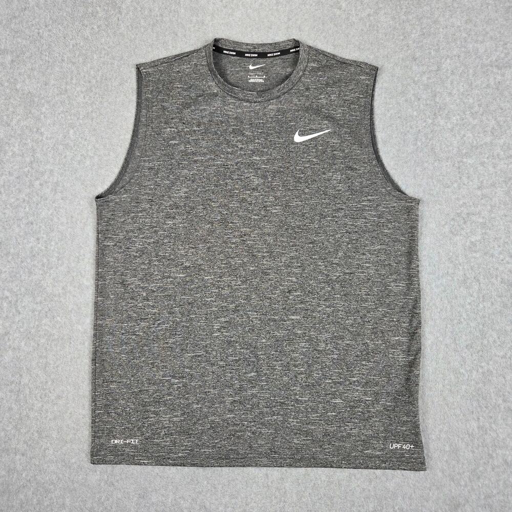 Nike Swim Dri-FIT Mens Medium UPF40 Heather Gray Sleeveless Athletic Logo Shirt